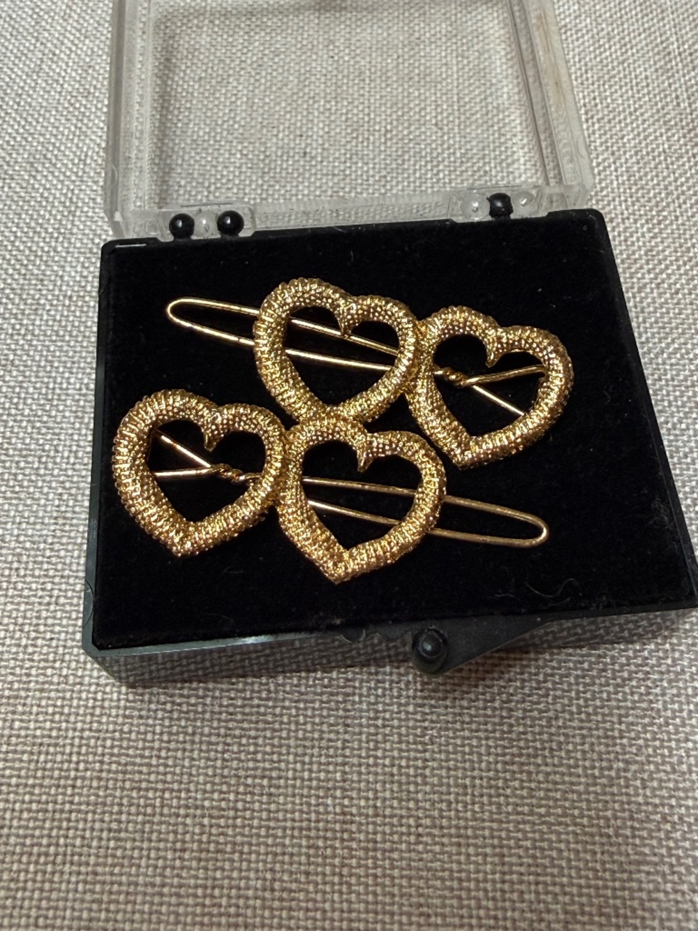 Gold Toned Double Heart Hair Clips Barrettes Stamped Korea
